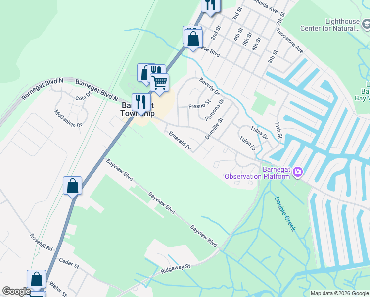 map of restaurants, bars, coffee shops, grocery stores, and more near 1 Emerald Drive in Barnegat Township