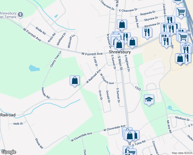 map of restaurants, bars, coffee shops, grocery stores, and more near 210 West Railroad Avenue in Shrewsbury