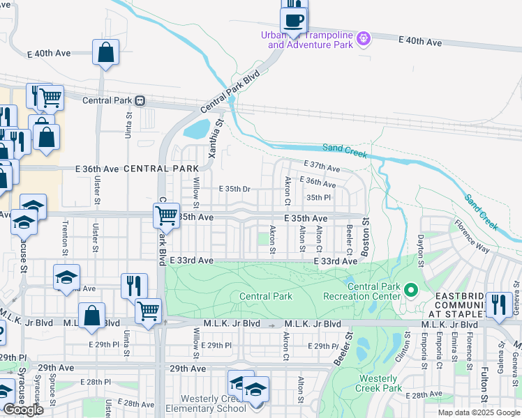 map of restaurants, bars, coffee shops, grocery stores, and more near 8907 East 35th Avenue in Denver