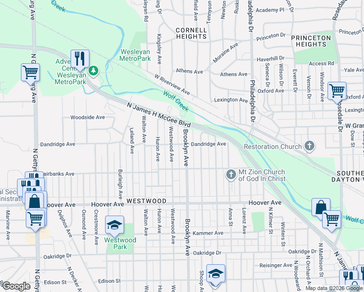 map of restaurants, bars, coffee shops, grocery stores, and more near 740 Brooklyn Avenue in Dayton