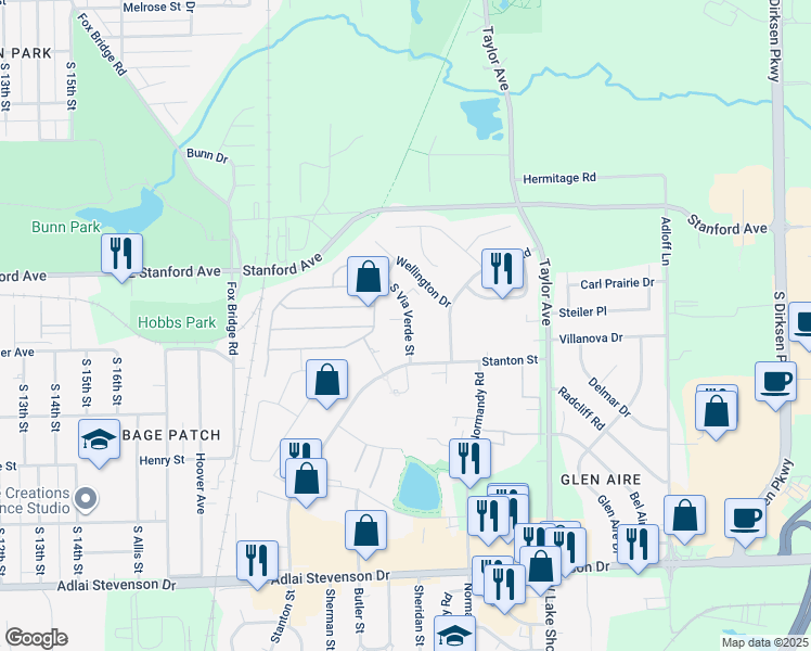 map of restaurants, bars, coffee shops, grocery stores, and more near 2865 Via Verde Street in Springfield
