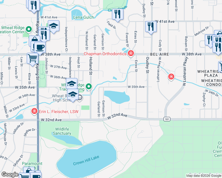 map of restaurants, bars, coffee shops, grocery stores, and more near 9120 West 35th Avenue in Wheat Ridge