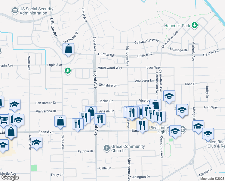 map of restaurants, bars, coffee shops, grocery stores, and more near 9 Tierra Rosa Lane in Chico