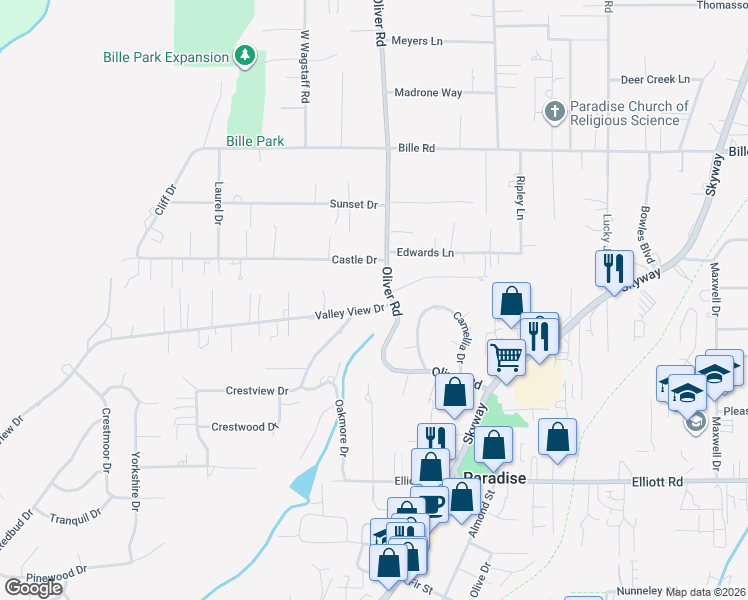 map of restaurants, bars, coffee shops, grocery stores, and more near 605 Valley View Drive in Paradise