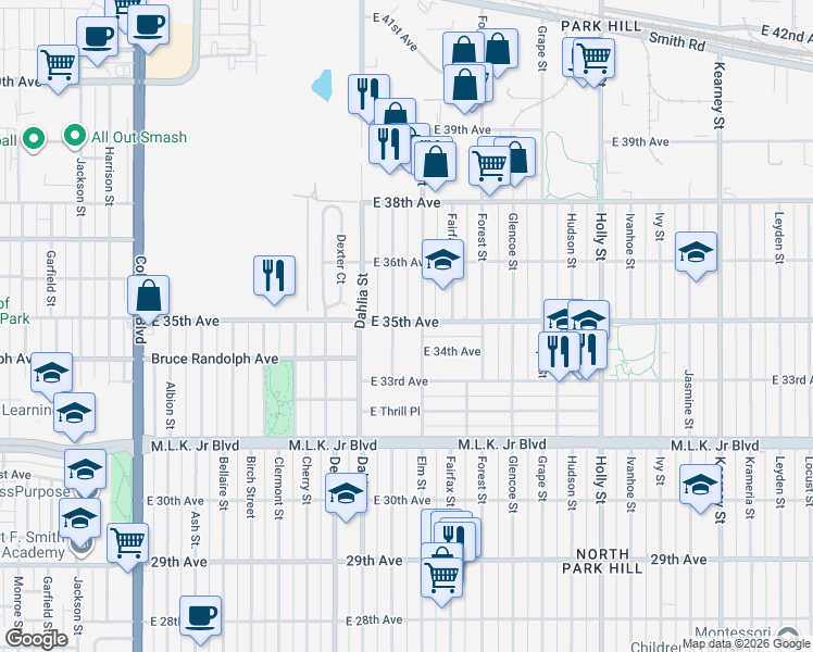 map of restaurants, bars, coffee shops, grocery stores, and more near in Denver