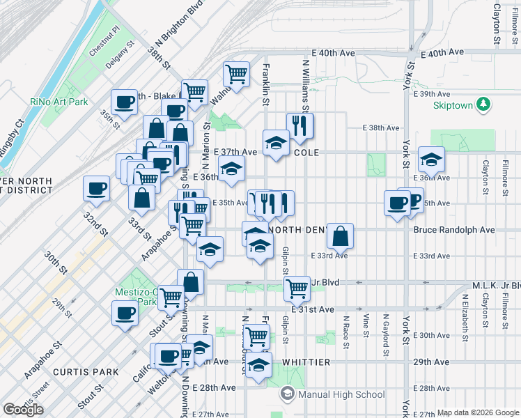 map of restaurants, bars, coffee shops, grocery stores, and more near 3417 Franklin Street in Denver