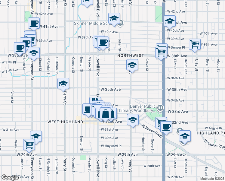 map of restaurants, bars, coffee shops, grocery stores, and more near 3425 West 34th Avenue in Denver