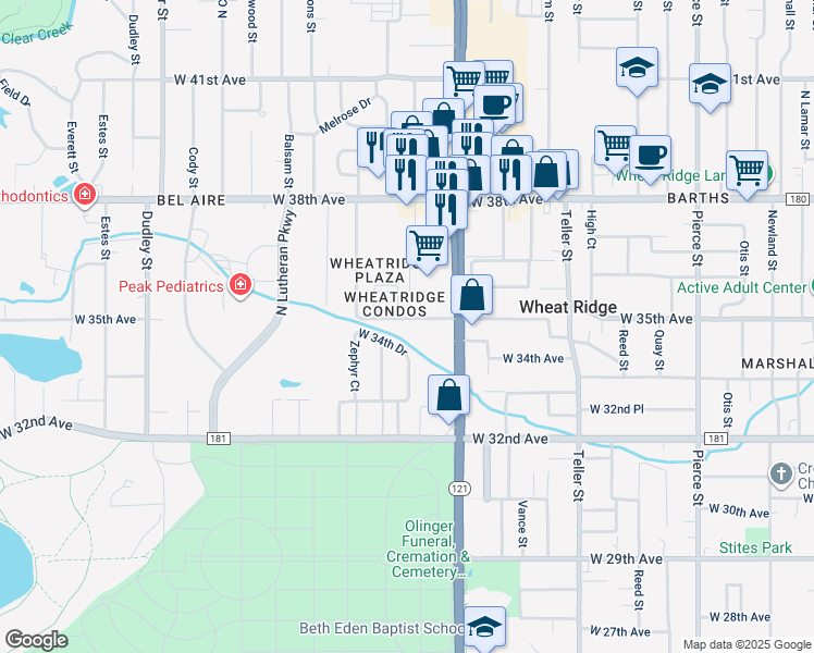 map of restaurants, bars, coffee shops, grocery stores, and more near 7848 West 34th Drive in Wheat Ridge