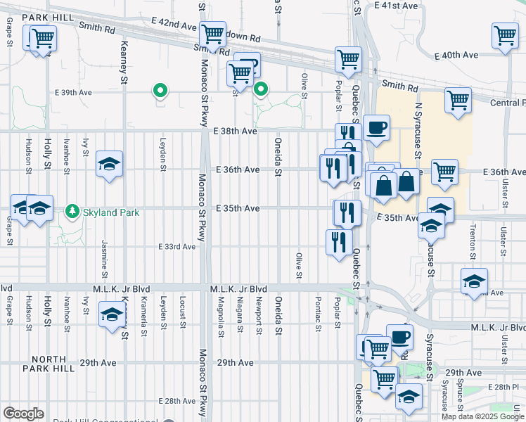 map of restaurants, bars, coffee shops, grocery stores, and more near 3371 Oneida Street in Denver