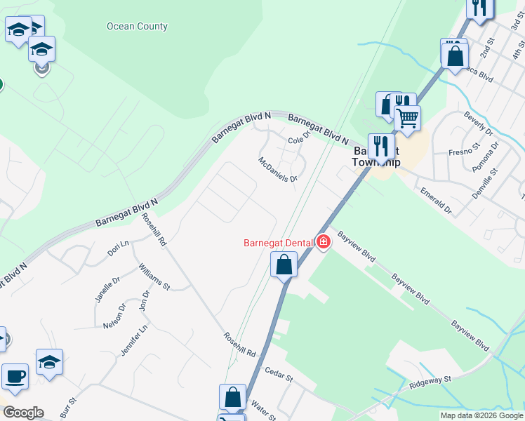 map of restaurants, bars, coffee shops, grocery stores, and more near 220 Hawthorne Lane in Barnegat Township