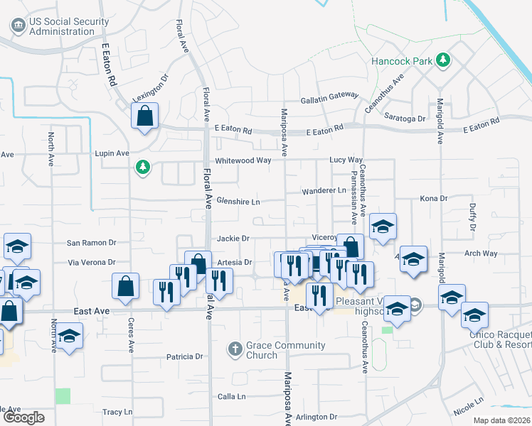 map of restaurants, bars, coffee shops, grocery stores, and more near 2 Tierra Rosa Lane in Chico