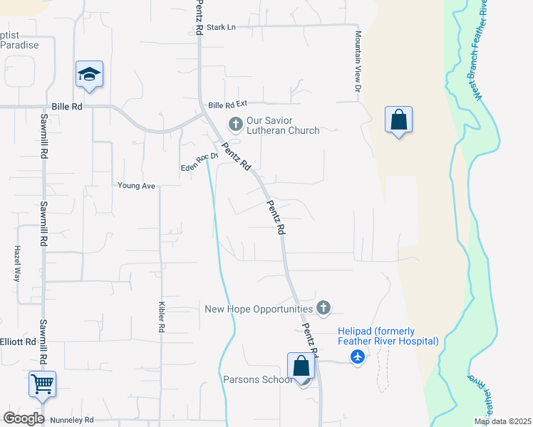 map of restaurants, bars, coffee shops, grocery stores, and more near 6285 Pentz Road in Paradise