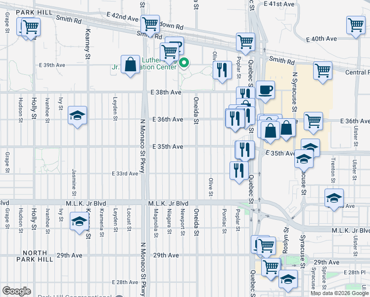 map of restaurants, bars, coffee shops, grocery stores, and more near 3371 Oneida Street in Denver