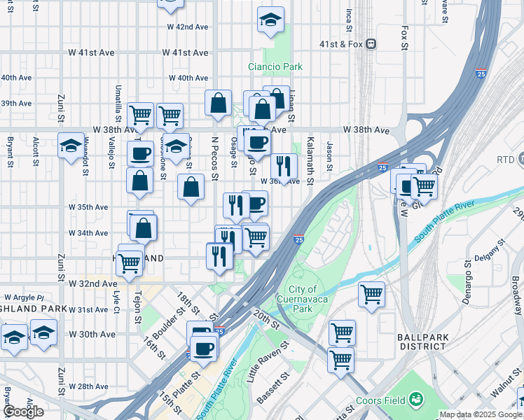 map of restaurants, bars, coffee shops, grocery stores, and more near 3430 Mariposa Street in Denver