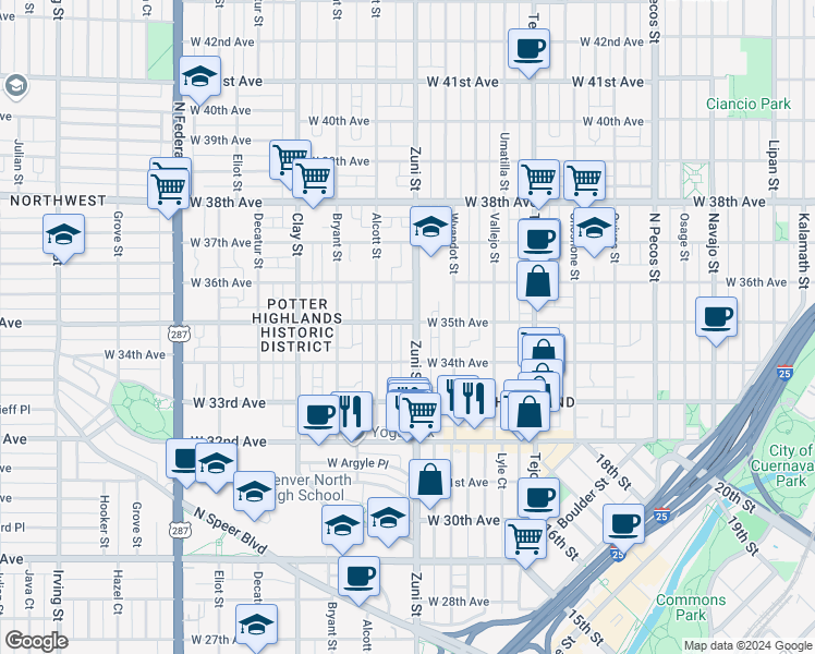 map of restaurants, bars, coffee shops, grocery stores, and more near 3423 Zuni Street in Denver