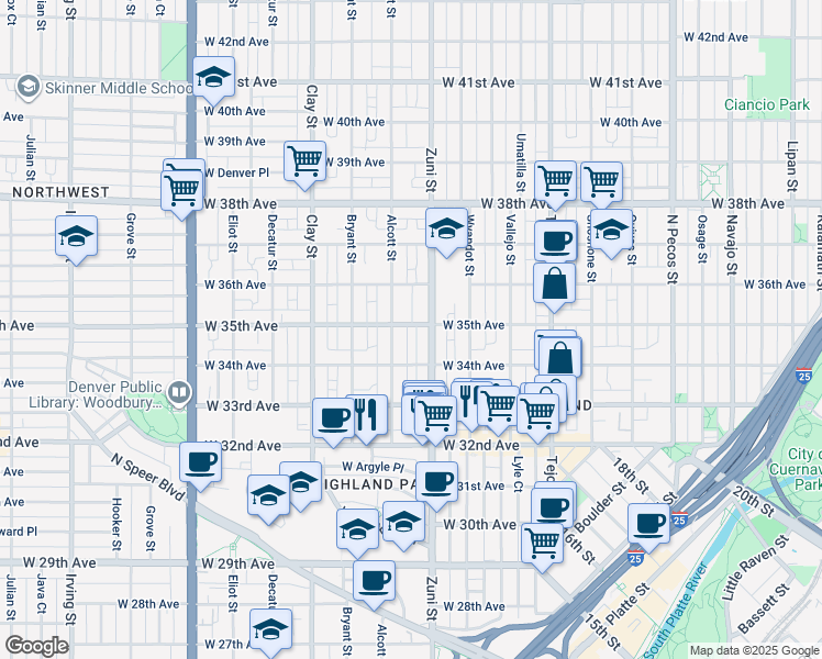 map of restaurants, bars, coffee shops, grocery stores, and more near 3423 Zuni Street in Denver