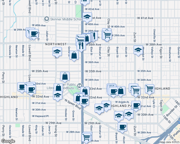 map of restaurants, bars, coffee shops, grocery stores, and more near 3425 Eliot Street in Denver
