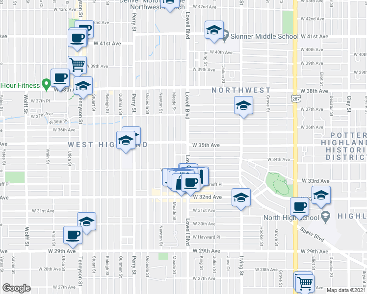 map of restaurants, bars, coffee shops, grocery stores, and more near 3493 West 34th Avenue in Denver