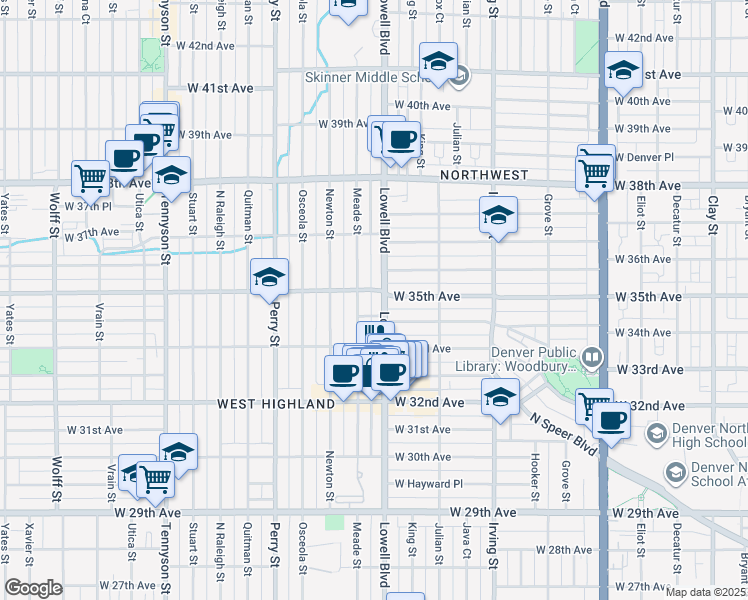 map of restaurants, bars, coffee shops, grocery stores, and more near 3493 West 34th Avenue in Denver