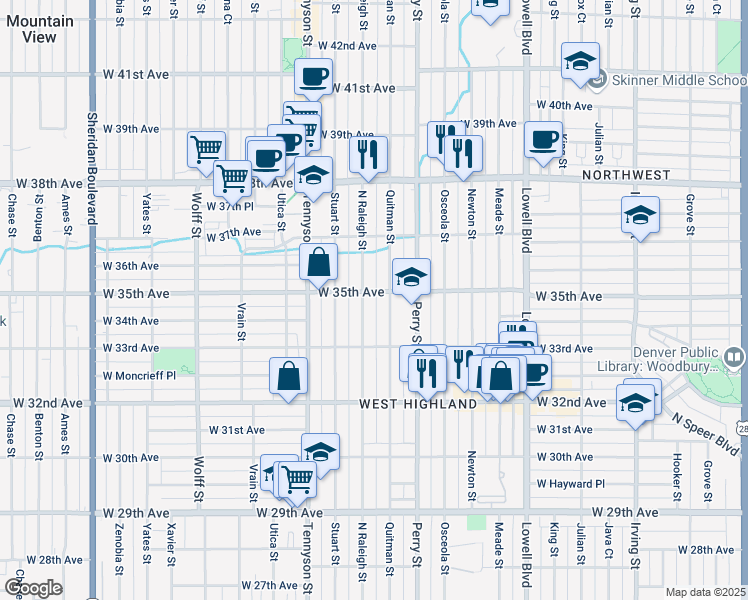 map of restaurants, bars, coffee shops, grocery stores, and more near 3353 Quitman Street in Denver