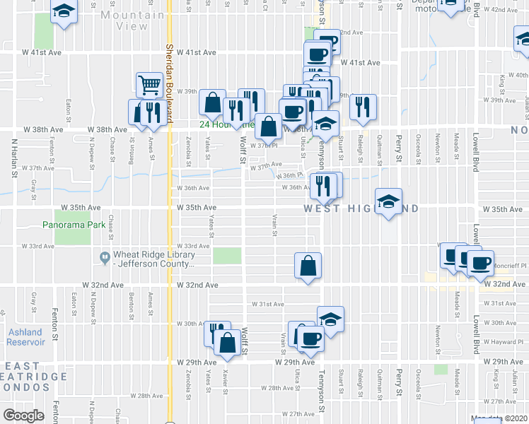 map of restaurants, bars, coffee shops, grocery stores, and more near 4709 West 34th Avenue in Denver