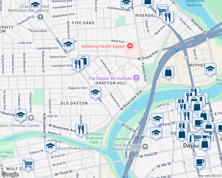 map of restaurants, bars, coffee shops, grocery stores, and more near 72 Central Avenue in Dayton