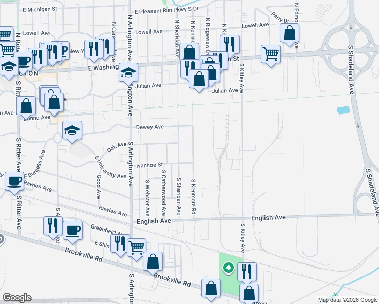 map of restaurants, bars, coffee shops, grocery stores, and more near 329 South Sheridan Avenue in Indianapolis