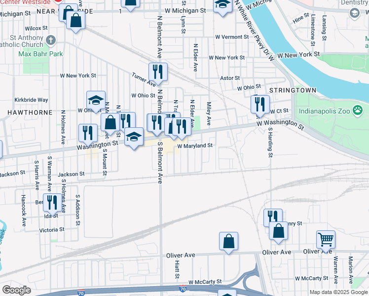 map of restaurants, bars, coffee shops, grocery stores, and more near 122 South Elder Avenue in Indianapolis