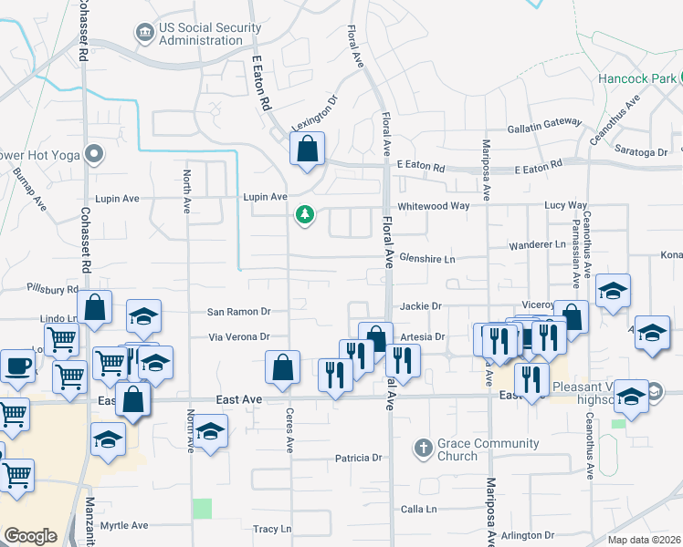 map of restaurants, bars, coffee shops, grocery stores, and more near 46 Lobelia Court in Chico