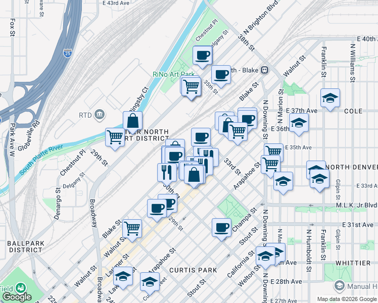 map of restaurants, bars, coffee shops, grocery stores, and more near Blake Street & 32nd Street in Denver