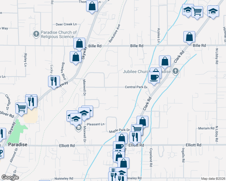 map of restaurants, bars, coffee shops, grocery stores, and more near 906 Central Park Drive in Paradise