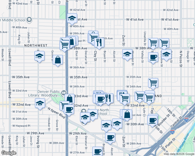 map of restaurants, bars, coffee shops, grocery stores, and more near 2600 West 35th Avenue in Denver