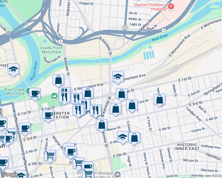 map of restaurants, bars, coffee shops, grocery stores, and more near 140 North Keowee Street in Dayton