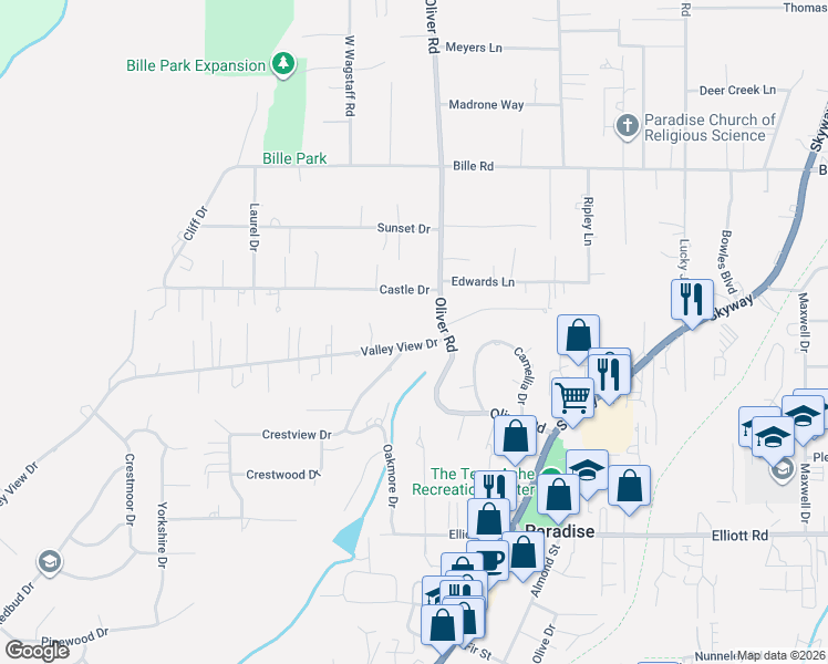 map of restaurants, bars, coffee shops, grocery stores, and more near 632 Valley View Drive in Paradise