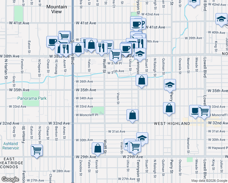 map of restaurants, bars, coffee shops, grocery stores, and more near 4622 West 35th Avenue in Denver