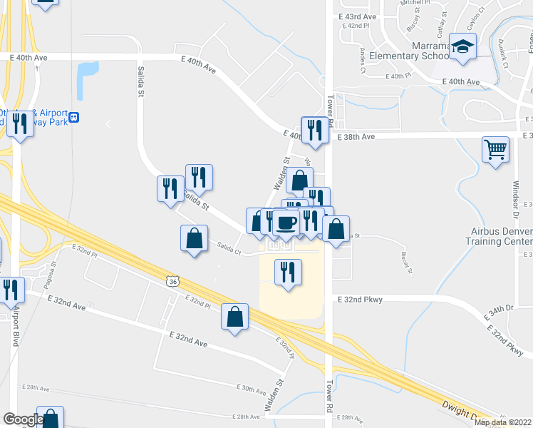 map of restaurants, bars, coffee shops, grocery stores, and more near in Aurora