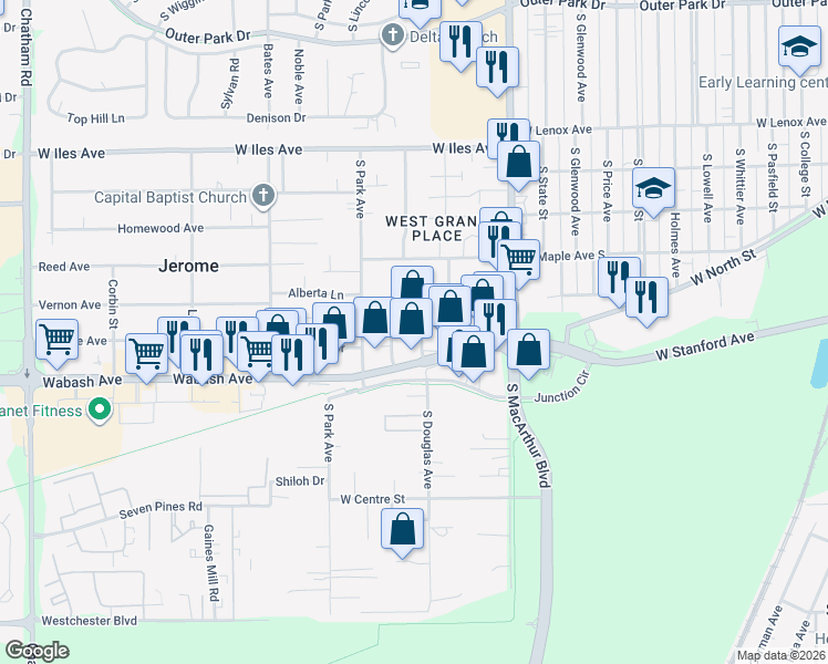map of restaurants, bars, coffee shops, grocery stores, and more near 1101 Wabash Avenue in Springfield