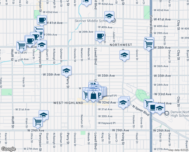 map of restaurants, bars, coffee shops, grocery stores, and more near 3433 Lowell Boulevard in Denver