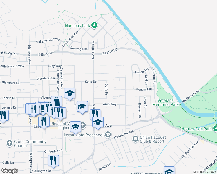 map of restaurants, bars, coffee shops, grocery stores, and more near 2726 Duffy Drive in Chico