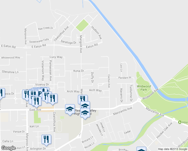 map of restaurants, bars, coffee shops, grocery stores, and more near 2726 Duffy Drive in Chico
