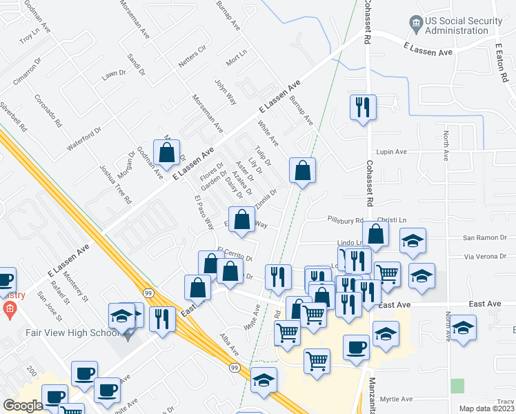map of restaurants, bars, coffee shops, grocery stores, and more near 701 East Lassen Avenue in Chico