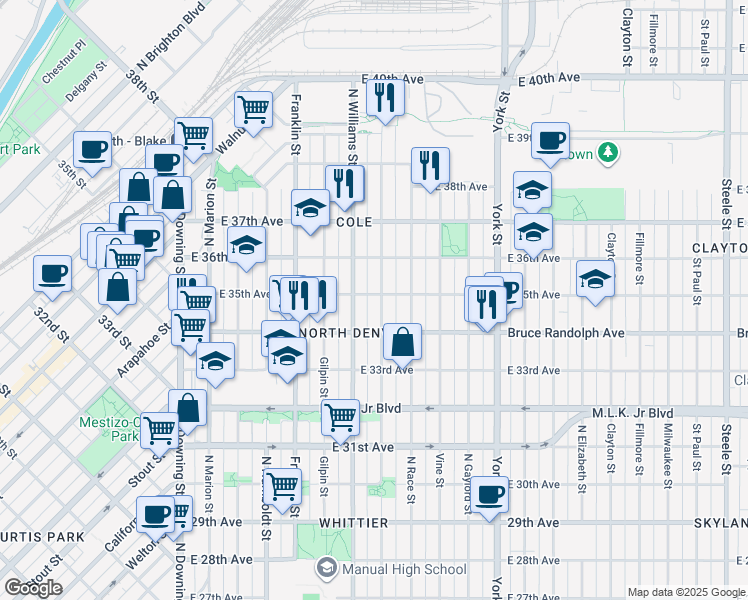 map of restaurants, bars, coffee shops, grocery stores, and more near 3420 North Williams Street in Denver