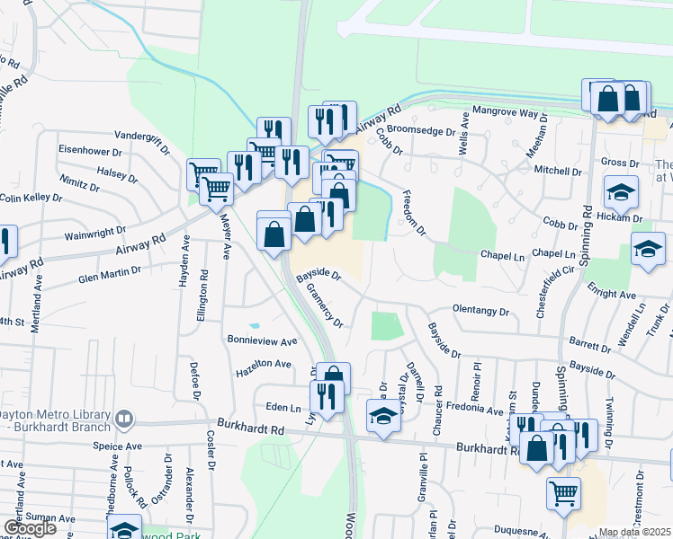 map of restaurants, bars, coffee shops, grocery stores, and more near 4949 Bayside Drive in Dayton