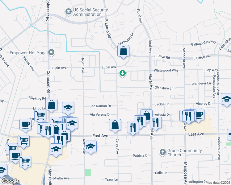 map of restaurants, bars, coffee shops, grocery stores, and more near 27 Garden Park Drive in Chico