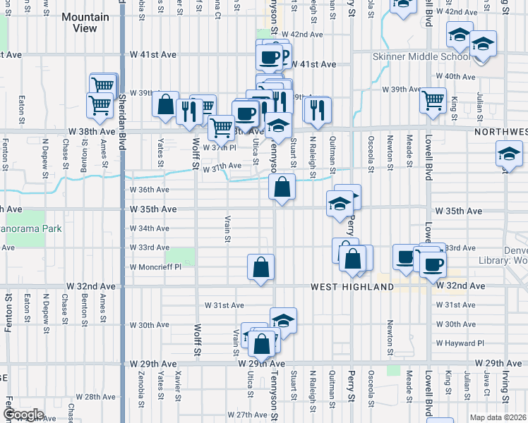 map of restaurants, bars, coffee shops, grocery stores, and more near 4501 West 34th Avenue in Denver
