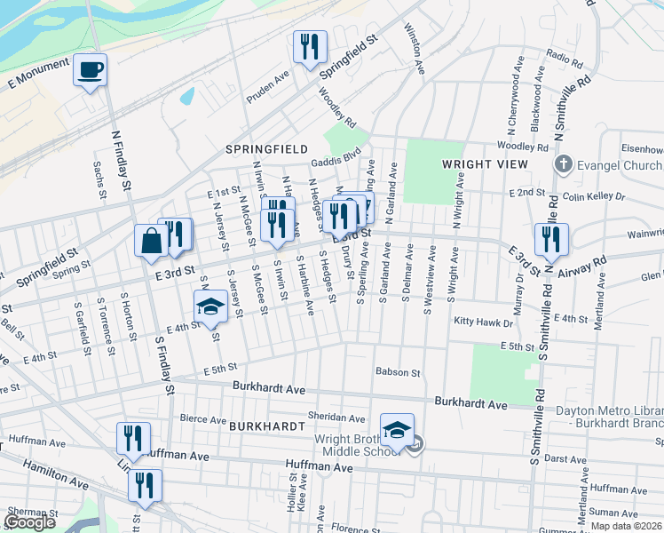map of restaurants, bars, coffee shops, grocery stores, and more near 59 South Hedges Street in Dayton