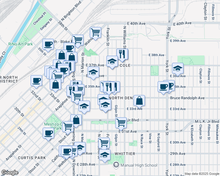 map of restaurants, bars, coffee shops, grocery stores, and more near 3417 Franklin Street in Denver