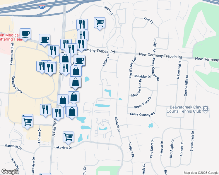 map of restaurants, bars, coffee shops, grocery stores, and more near 3018 Glenbrook Drive in Beavercreek