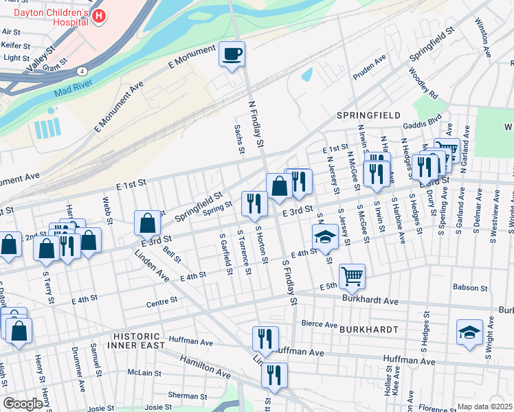 map of restaurants, bars, coffee shops, grocery stores, and more near 2419 East 3rd Street in Dayton
