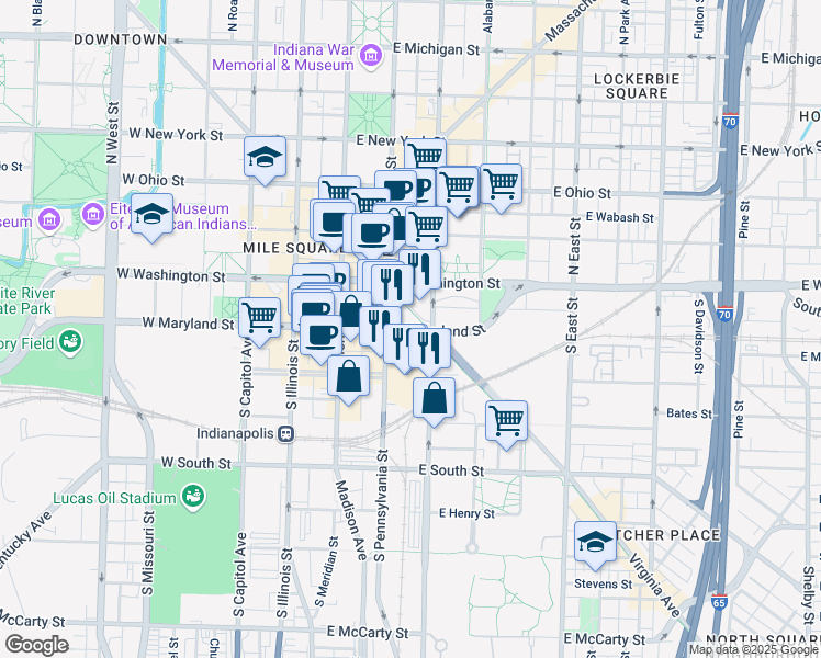 map of restaurants, bars, coffee shops, grocery stores, and more near 121 East Maryland Street in Indianapolis